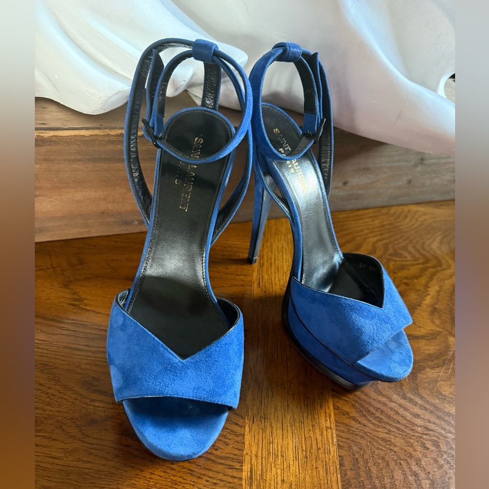 💙 SAINT LAURENT Kid Scamosciato Tribute 105 Open Toe Platform Sandals size 37 💙